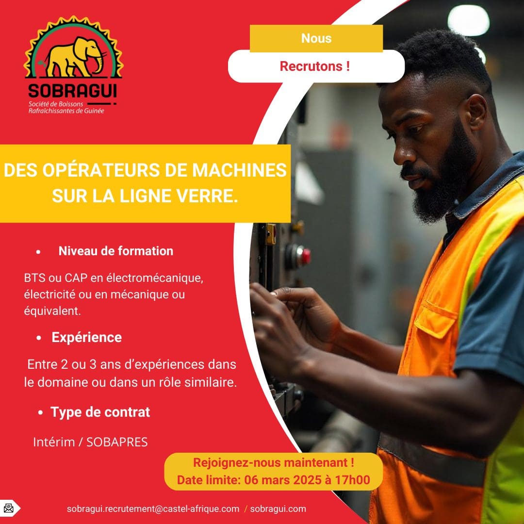 AVIS DE RECRUTEMENT EXTERNE DE SIX OPERATEURS DE MACHINES SUR LA LIGNE VERRE